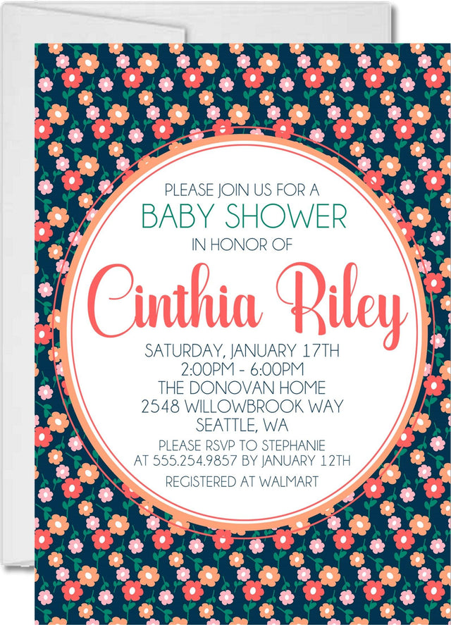 navy floral baby shower invitations coral flower pattern design