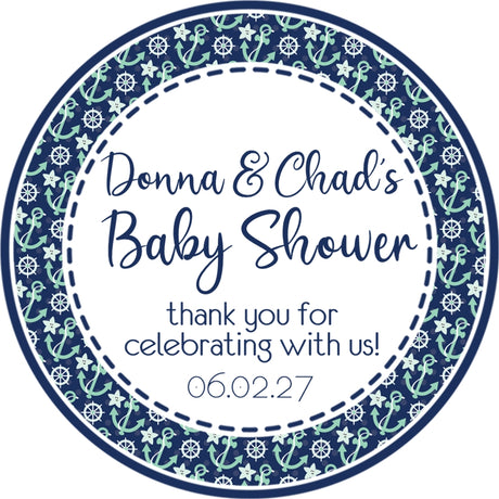 navy nautical anchor baby shower sticker with anchor pattern border