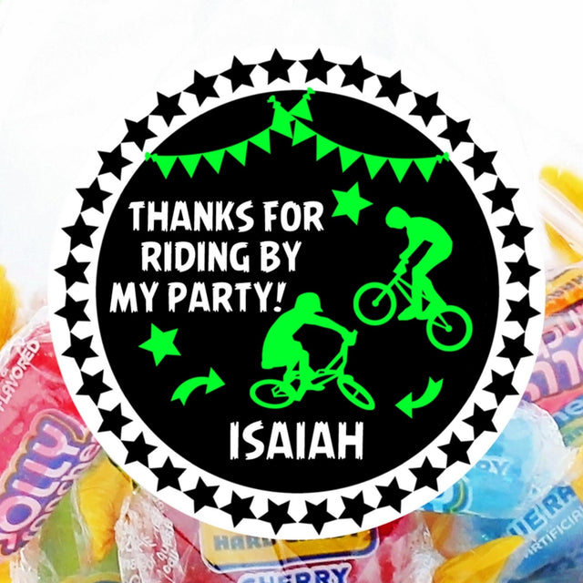 neon green bmx birthday stickers with biker silhouettes