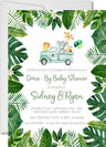 neutral green safari truck baby shower invitations floral theme