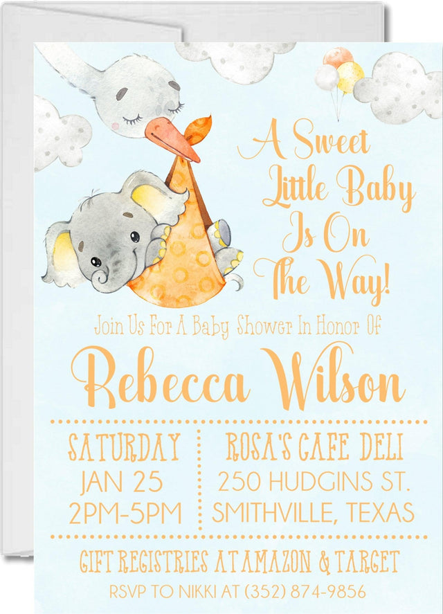 neutral orange elephant baby shower invitations pastel watercolor design