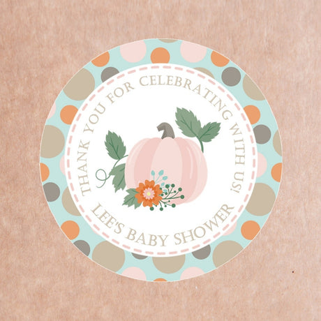 neutral pumpkin baby shower sticker in peach and teal