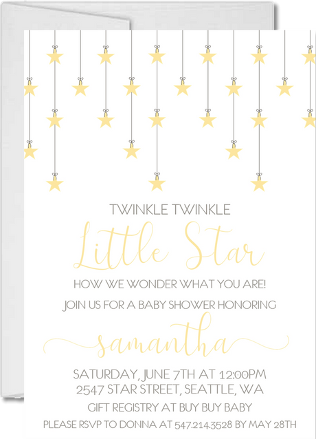 neutral yellow twinkle twinkle baby shower invitations hanging star design