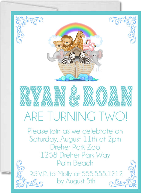 noahs ark invitation cards twin birthday celebration style