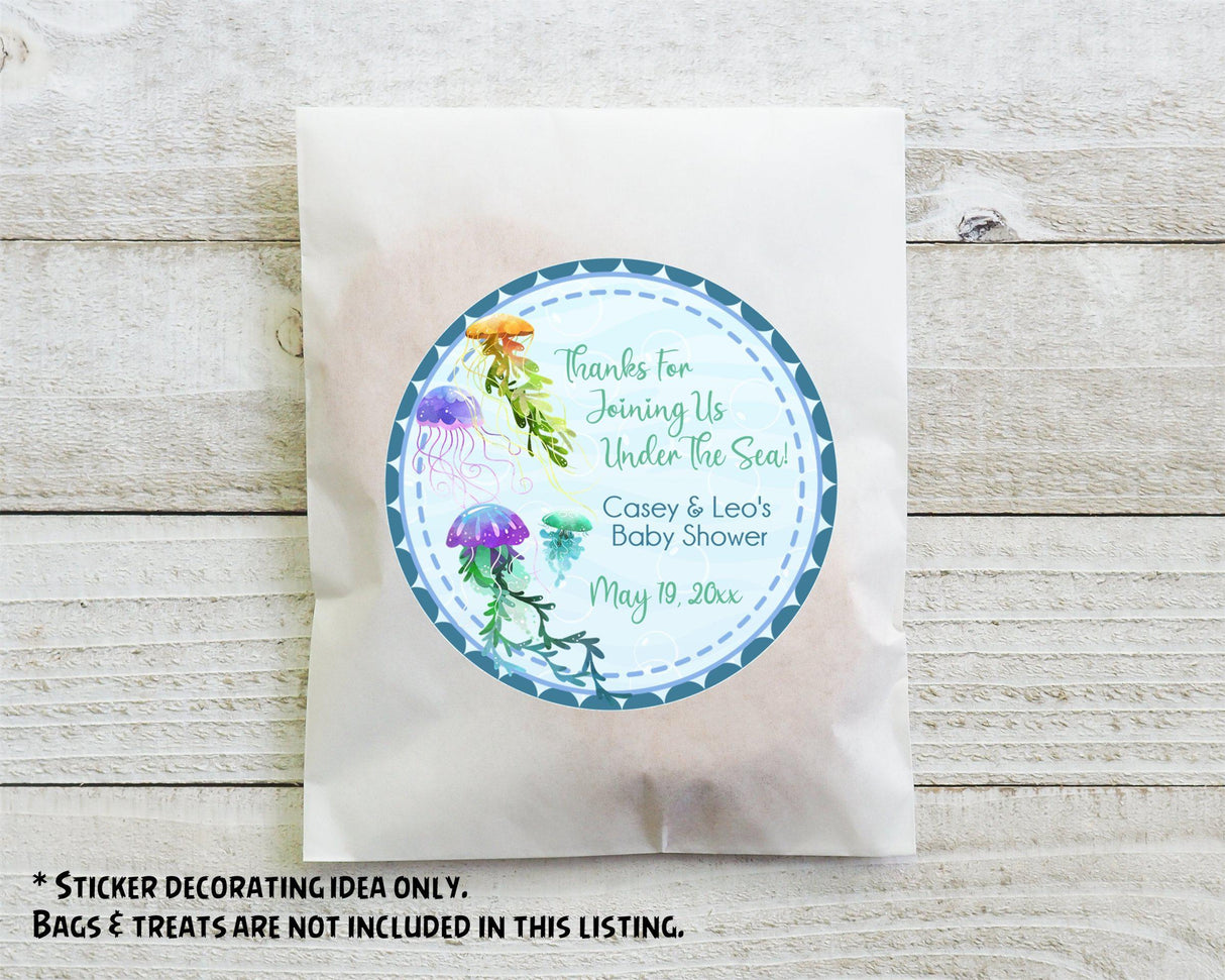 ocean theme thank-you sticker with watercolor jellyfish