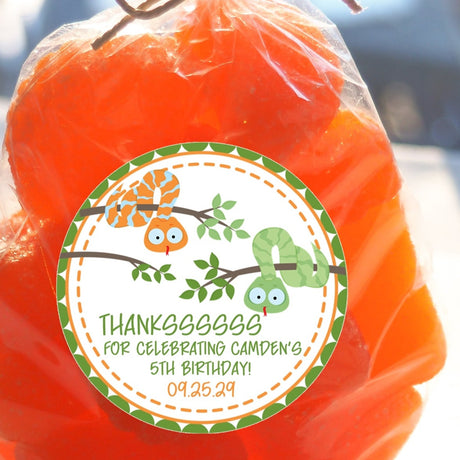 orange and green snake birthday party sticker