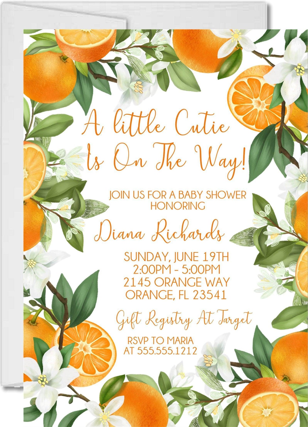 orange baby shower invitations watercolor citrus design