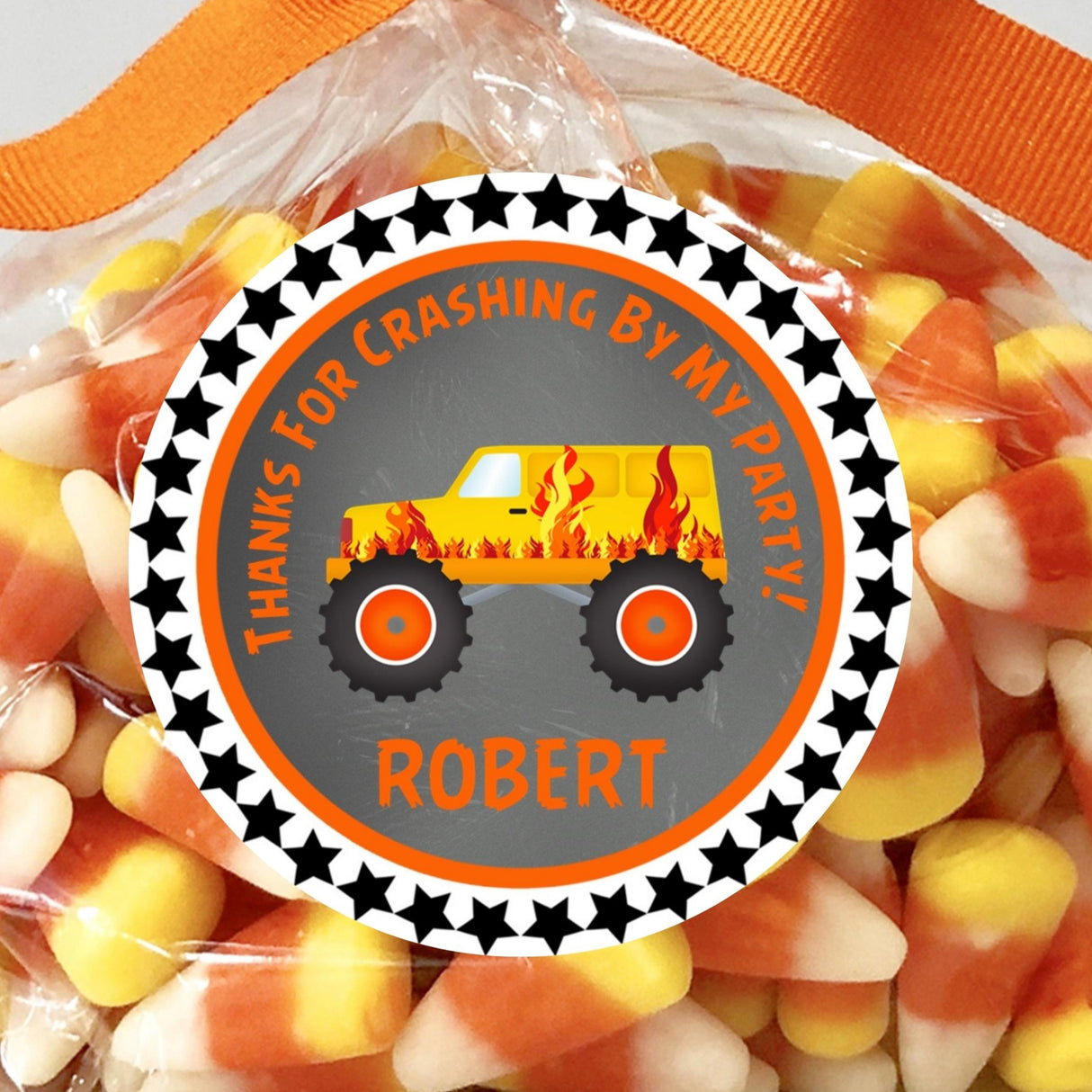 orange flame monster truck birthday sticker