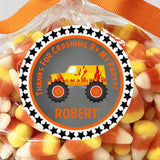 orange flame monster truck birthday sticker
