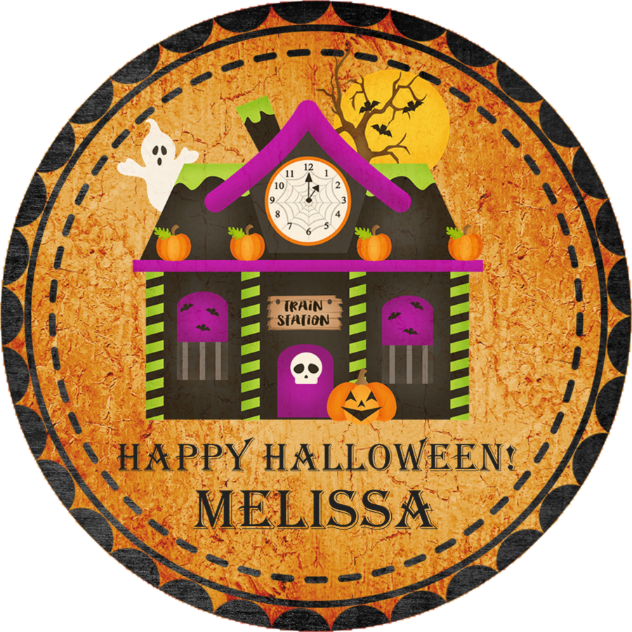 orange haunted train station halloween party favor sticker