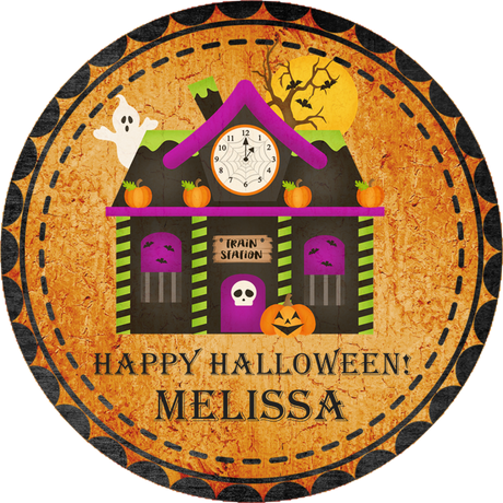 orange haunted train station halloween party favor sticker