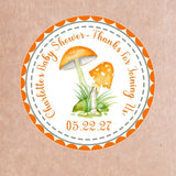 orange mushroom baby shower sticker with scalloped border