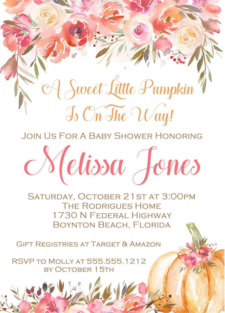 orange watercolor pumpkin baby shower invitations