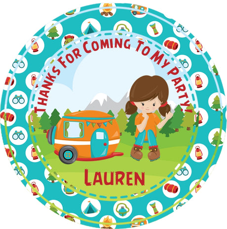 outdoor adventure party sticker with camping icons and character
