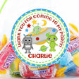 outer space alien birthday party favor sticker light background design