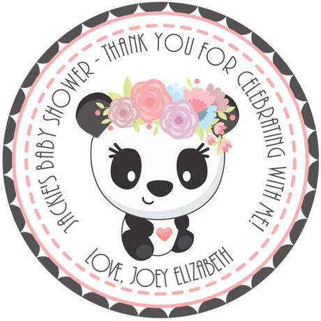panda baby shower sticker with floral crown and bamboo design personalized thank you layout
