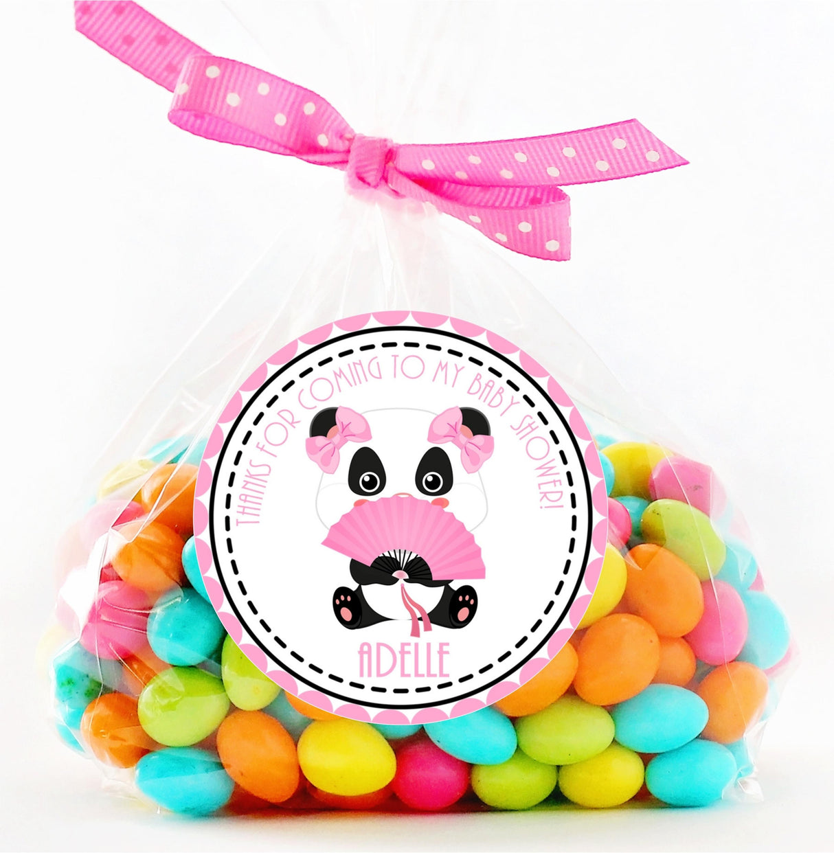 panda baby shower sticker with pink bow 