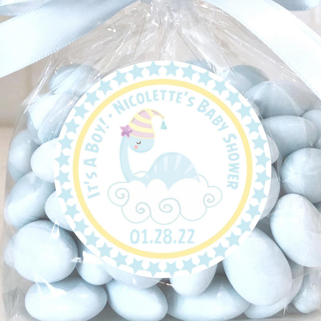 pastel blue dinosaur baby shower sticker with cloud design