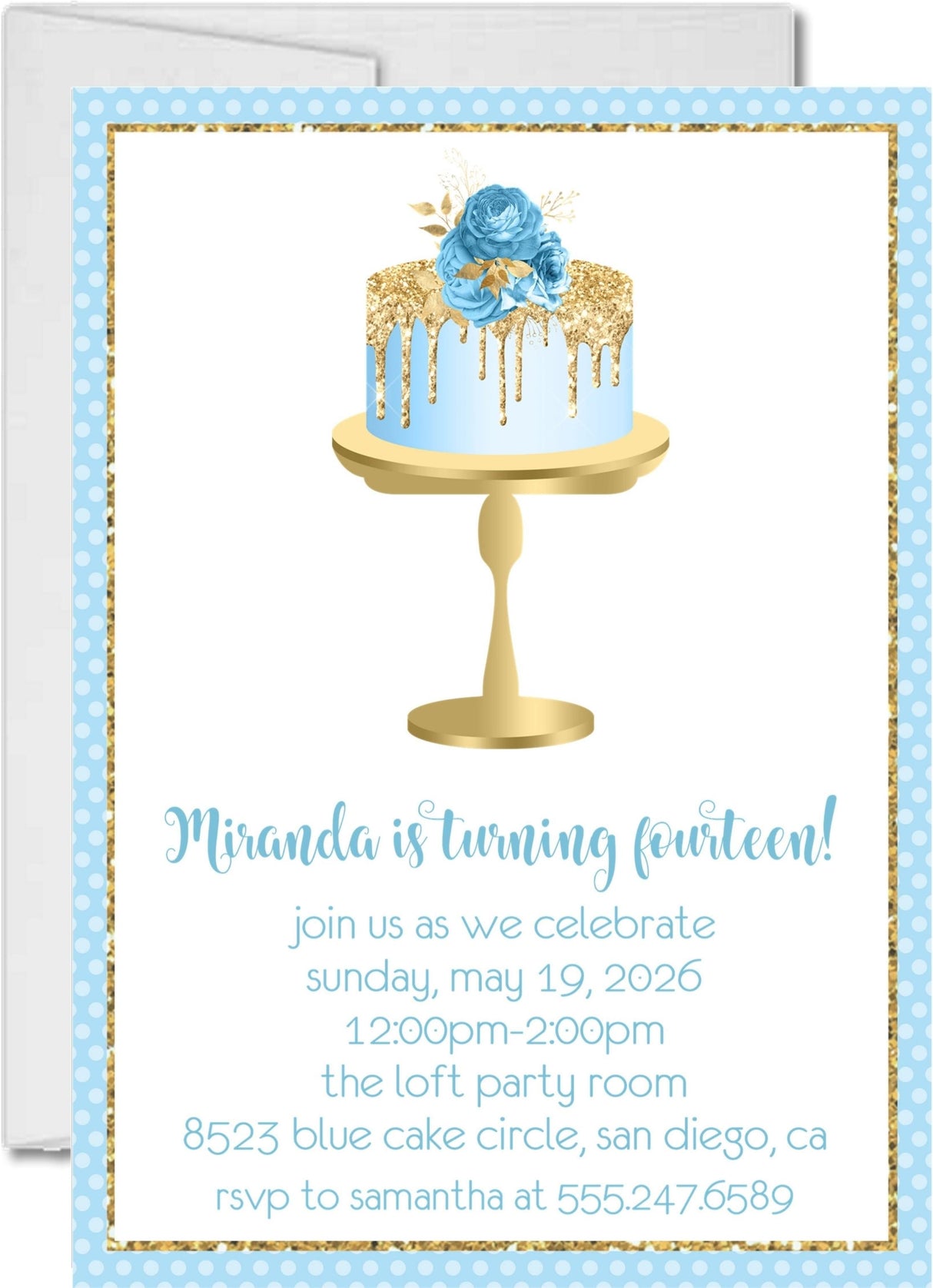 pastel blue gold cake birthday party invitations floral cake stand design
