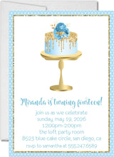 pastel blue gold cake birthday party invitations floral cake stand design