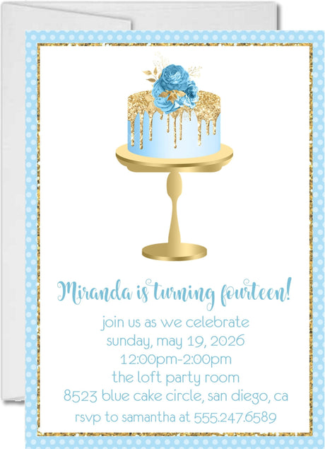 pastel blue gold cake birthday party invitations floral cake stand design