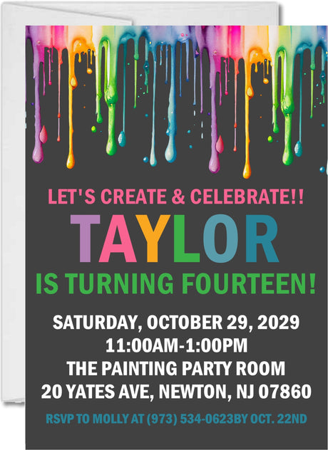 pastel paint party birthday invitations rainbow paint drip design