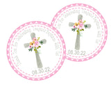 pastel pink baptism favor label with watercolor flowers
