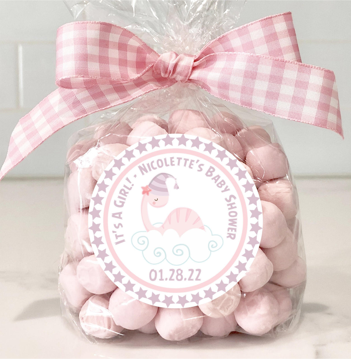 pastel pink dino baby shower sticker