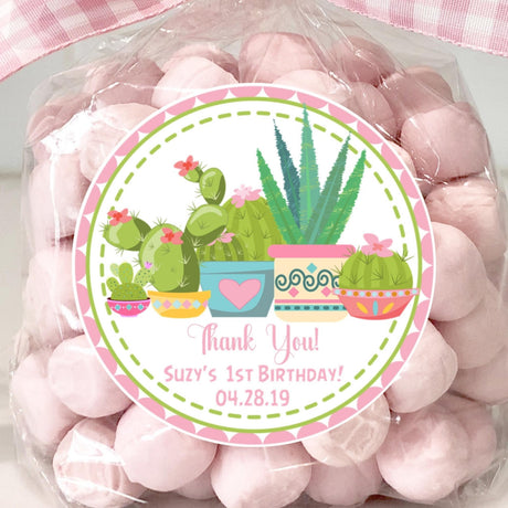 pastel potted cactus birthday stickers for girls