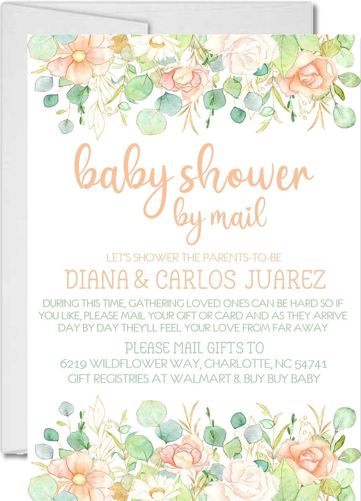 peach floral baby shower by mail invitations watercolor botanical design