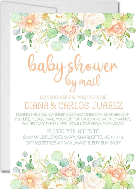 peach floral baby shower by mail invitations watercolor botanical design