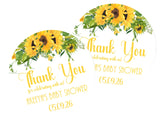personalized baby shower favor sticker with sunflowers and greenery