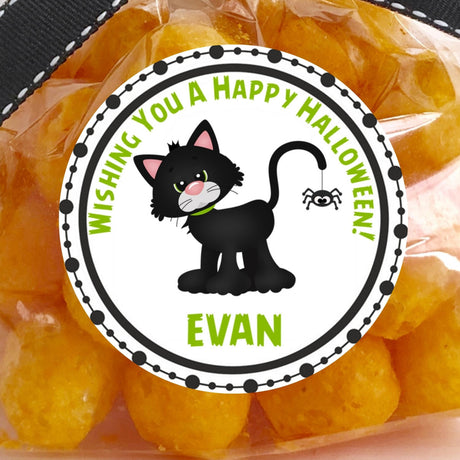 personalized black cat halloween sticker with festive halloween wording