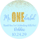 personalized blue and gold 1st birthday favor labels