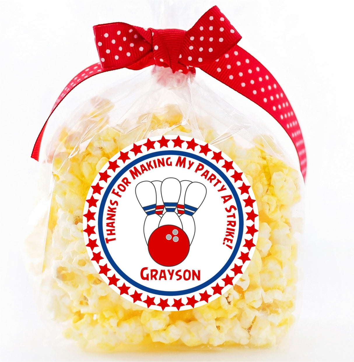 personalized bowling thank you sticker red blue