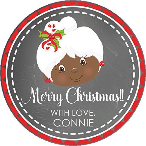 personalized brown mrs claus holiday favor label with red border