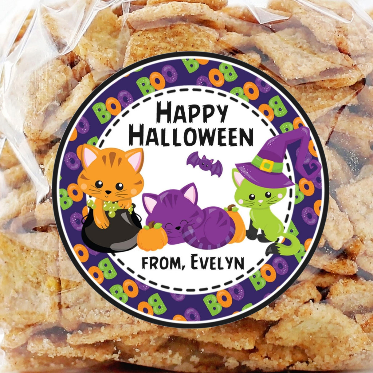 personalized cat halloween sticker with pumpkins and bats