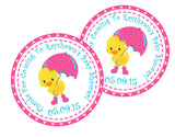 personalized girl baby shower favor label with duck design