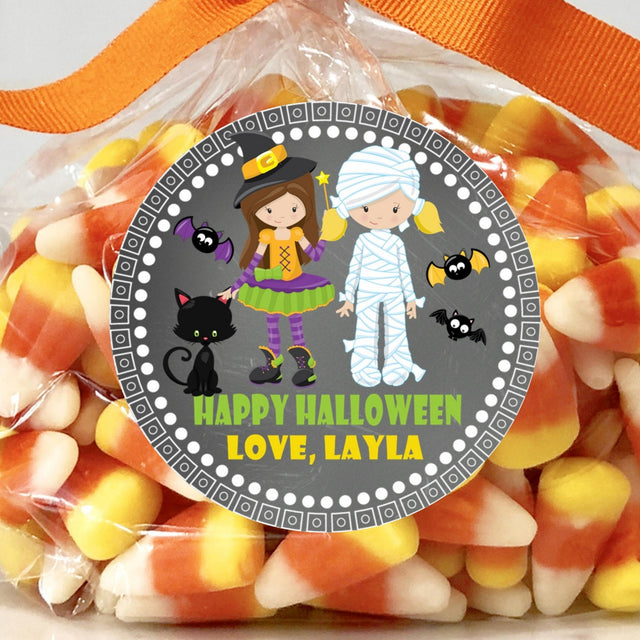 personalized girl witch and mummy halloween sticker