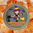 personalized girl witch halloween sticker with broom and cat