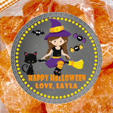 personalized girl witch halloween sticker with broom and cat