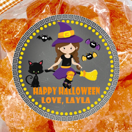 personalized girl witch halloween sticker with broom and cat