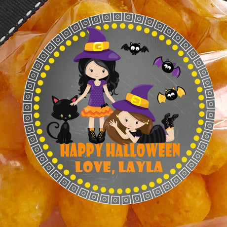 personalized girl witch halloween sticker with cute witch costumes