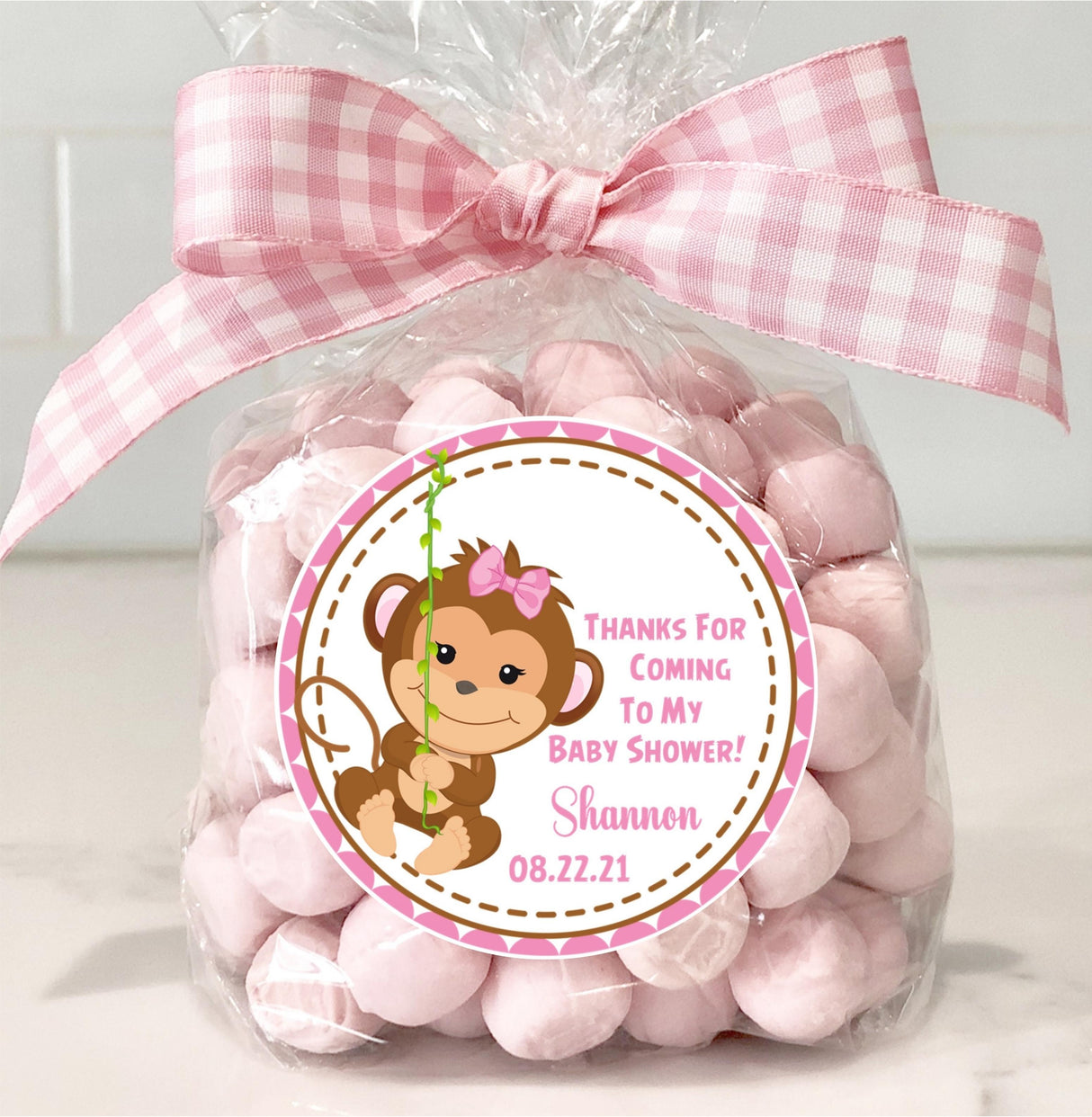personalized girls monkey baby shower thank-you sticker