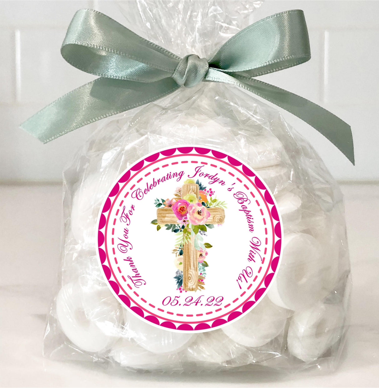 personalized girls pink baptism sticker with wood cross and flowers