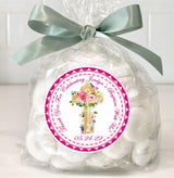 personalized girls pink baptism sticker with wood cross and flowers