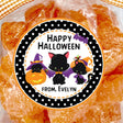 personalized halloween sticker showing three black cats in pumpkin bat and witch costumes