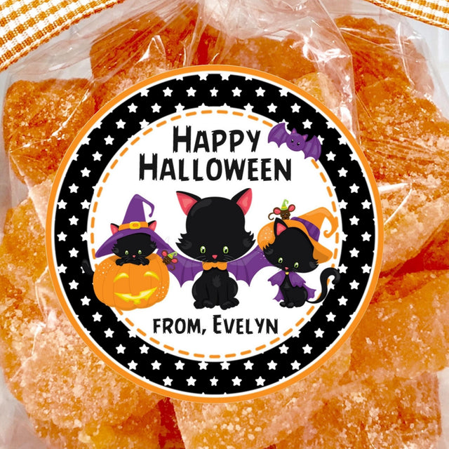 personalized halloween sticker showing three black cats in pumpkin bat and witch costumes