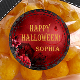personalized halloween sticker with deep red background and gold gothic lettering