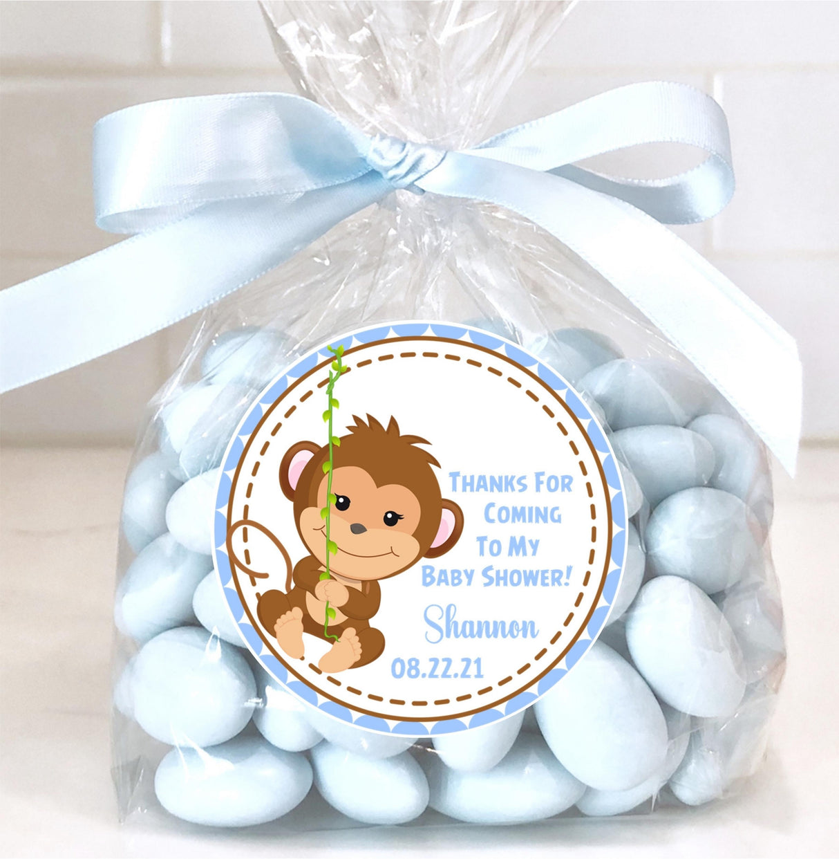 personalized monkey thank-you sticker with blue border